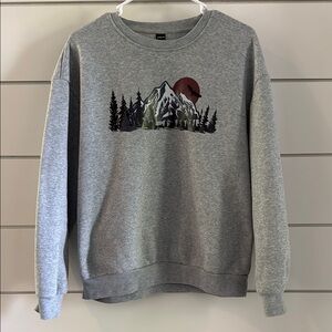 SHEIN Gray Crew Neck Sweater with Scenic Graphic